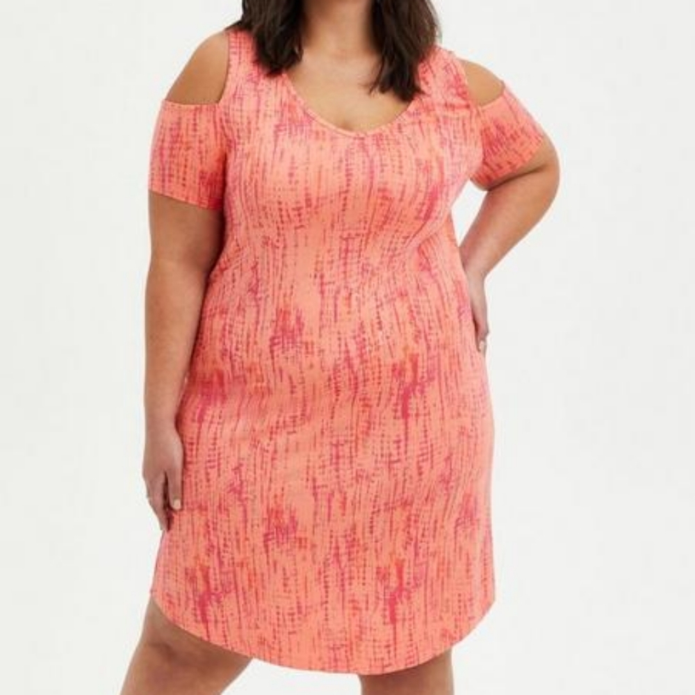 Torrid Orange Tie Dye Super Soft Cold Shoulder Dress w Gold Metallics Si…